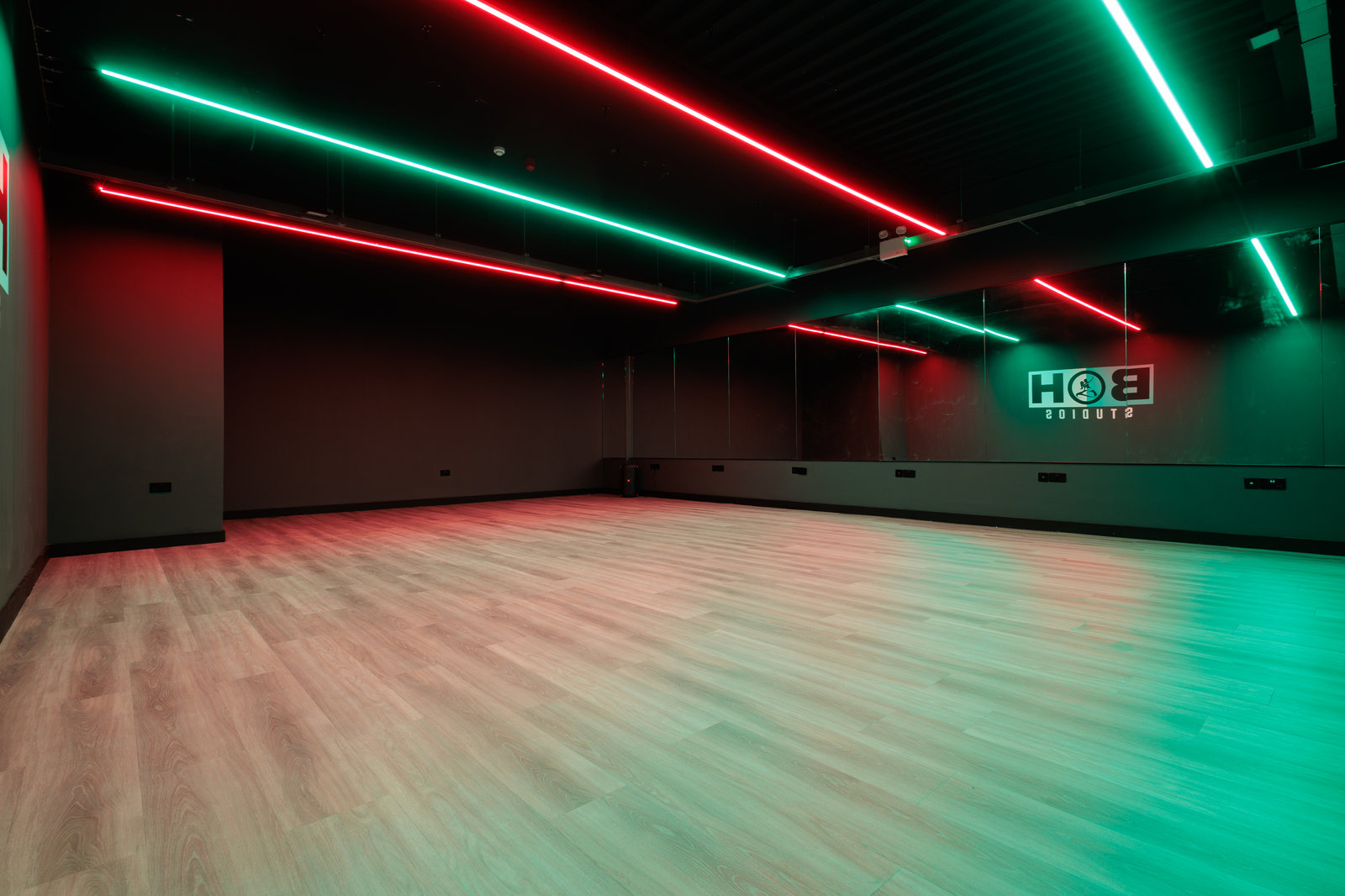 Studio 2 with mirrored walls and coloured LED lighting